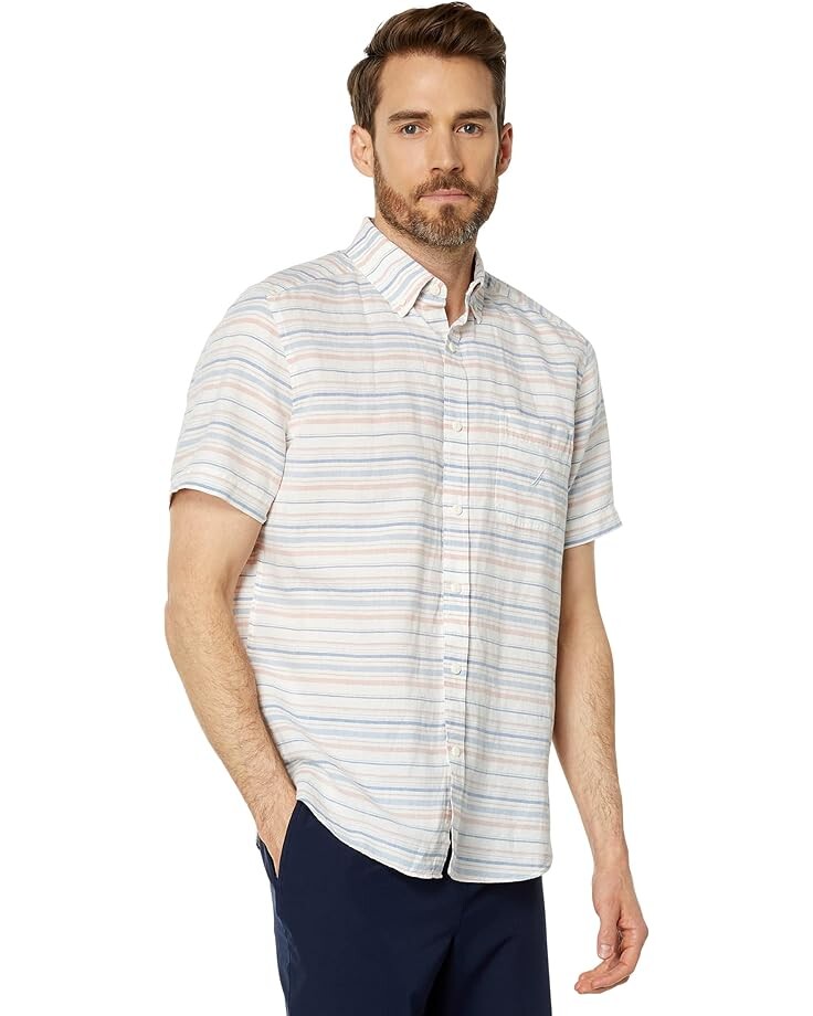 

Рубашка Nautica Sustainably Crafted Striped Linen Short Sleeve Shirt, белый