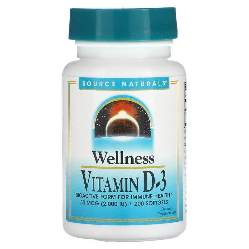Витамин D-3 Source Naturals Wellness 50 мкг (2000 МЕ), 200 мягких таблеток