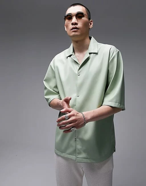 Рубашка Topman Premium Faux Leather Revere, серо-зеленый толстовка topman premium хаки