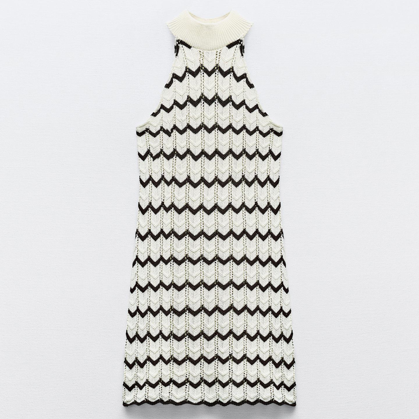 Платье Zara Short Knit Striped, белый/черный