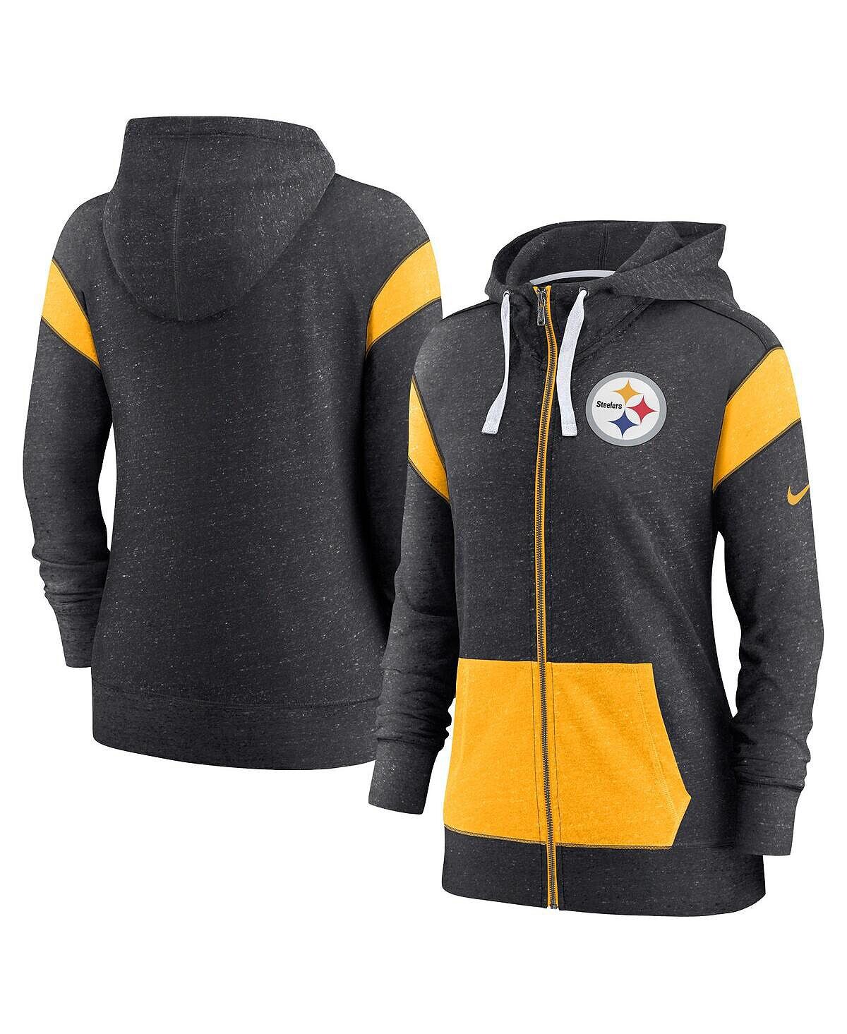 

Женская меланжевая черно-золотая толстовка с капюшоном pittsburgh steelers большого размера monaco с молнией во всю длину Nike, мульти, Черный
