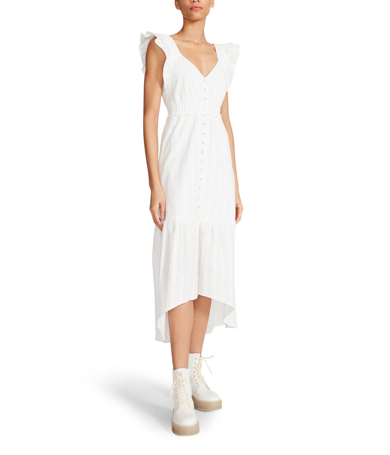 

Платье Betsey Johnson, Novelty Textured Cotton Ruffle Sleeve High-Low Midi