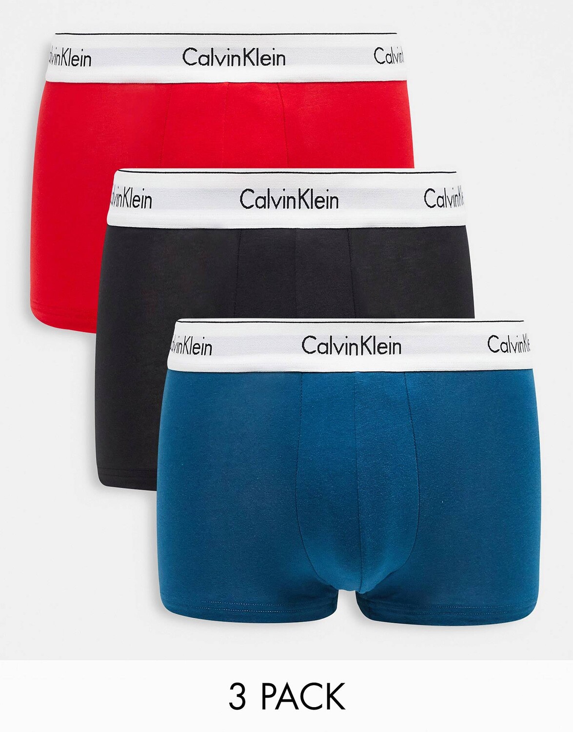 

Комплект из 3 пар трусов Calvin Klein красного, синего и черного цветов с белым поясом