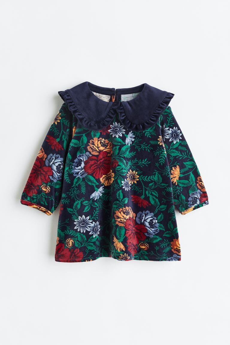 

Велюровое платье с воротником H&M, темно-синий/цветы