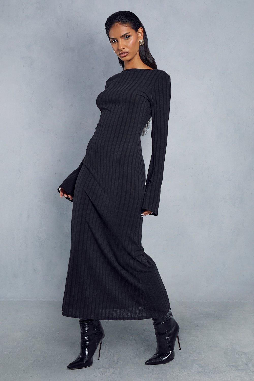 платье brave soul полуприлегающее макси открытая спина размер xs бежевый коричневый Платье макси с открытой спиной и расклешенными рукавами в рубчик MISSPAP, черный