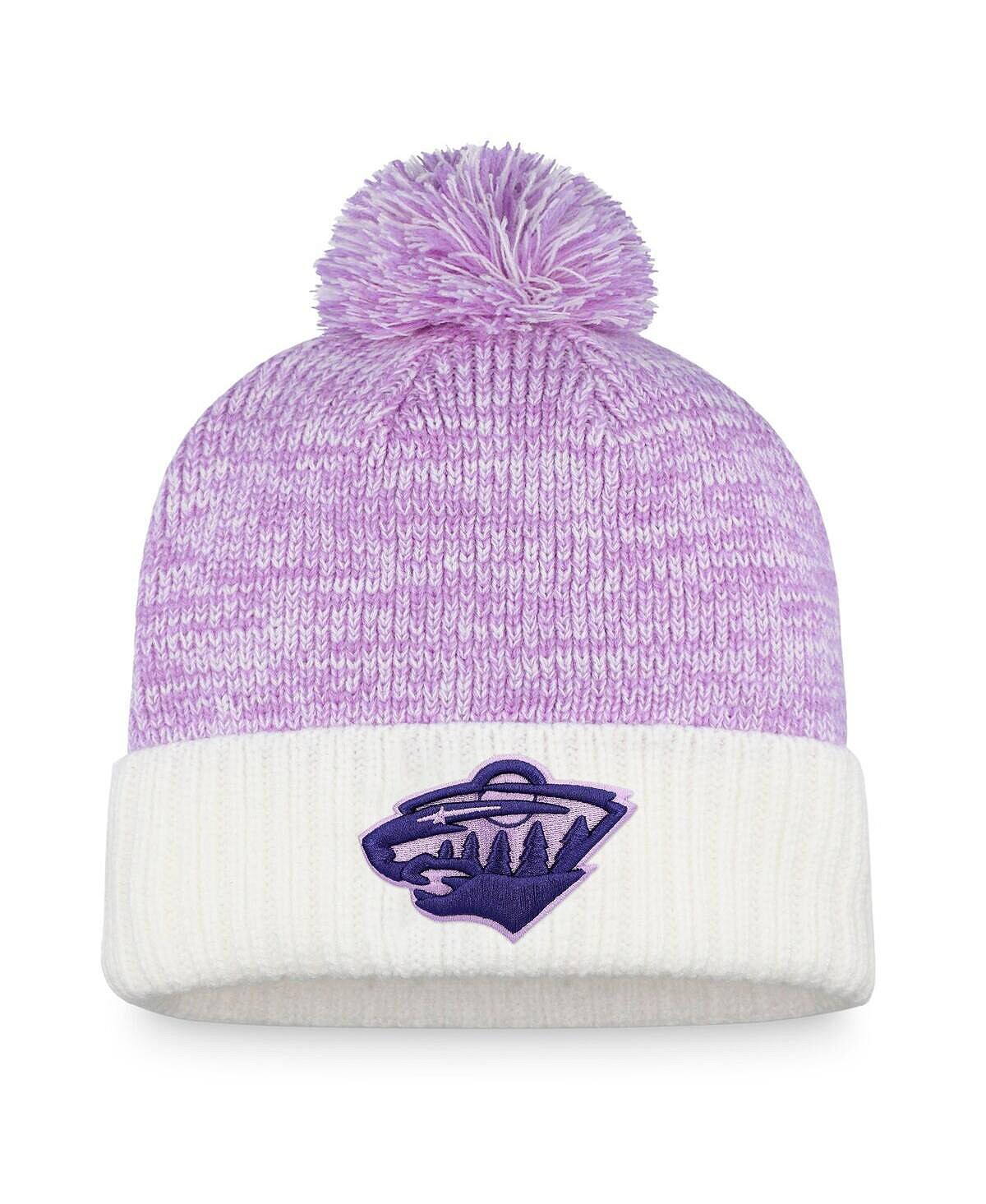 

Мужская фирменная бело-фиолетовая вязаная шапка Minnesota Wild 2022 Hockey Fights Cancer Authentic Pro с манжетами и помпоном Fanatics