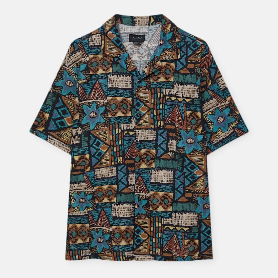 

Рубашка Pull&Bear Geometric Print с коротким рукавом, зеленый/красный/синий
