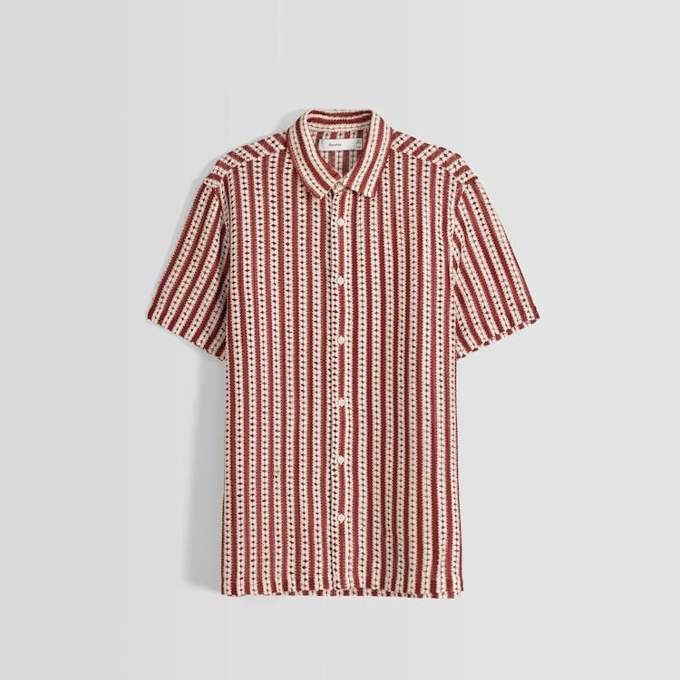 

Рубашка Bershka Striped Openwork Short Sleeve, красный/бежевый