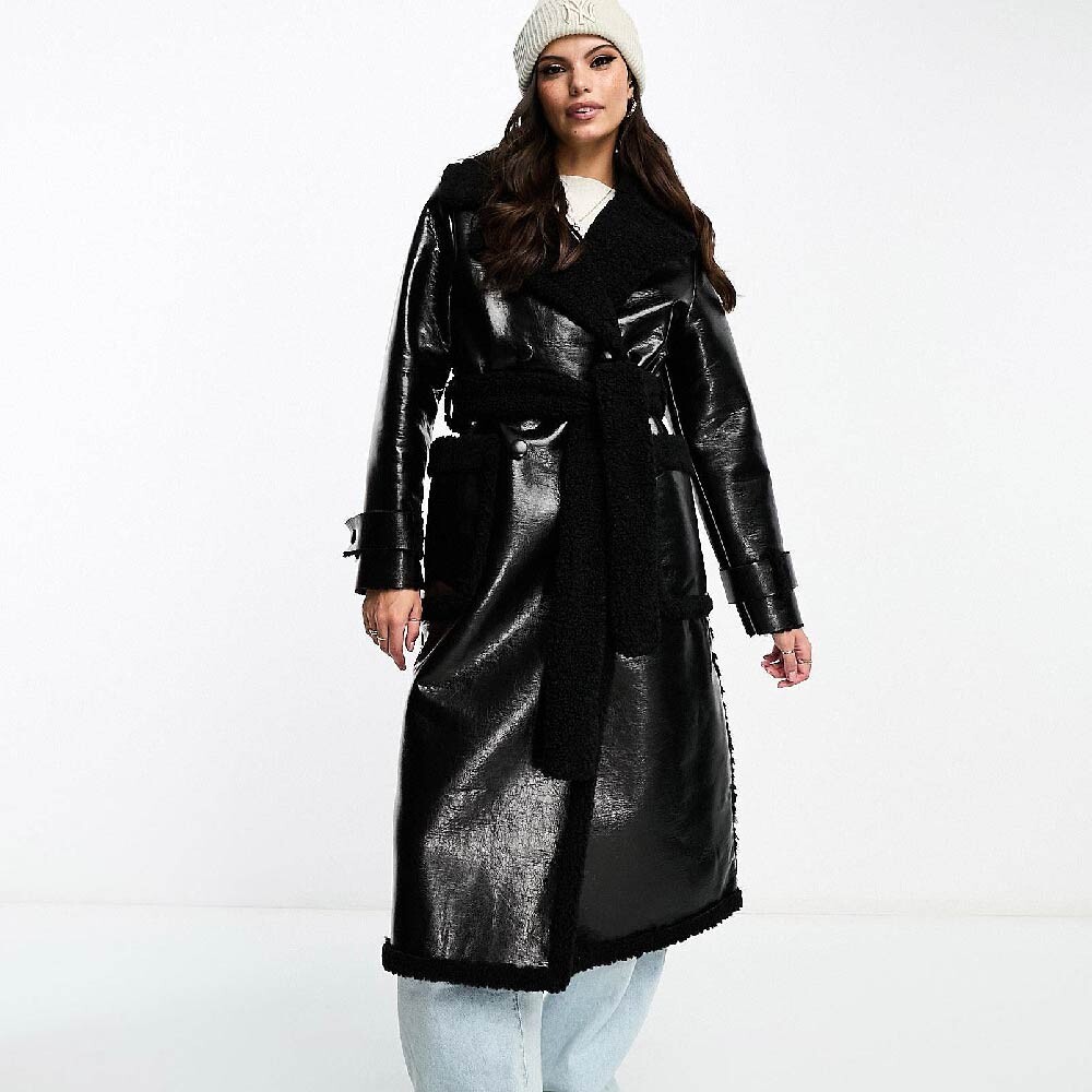

Пальто Miss Selfridge Vinyl Borg Belted M axi, черный
