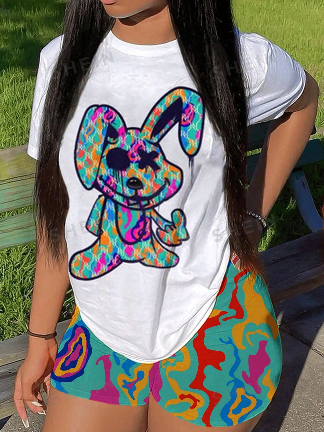SHEIN LUNE Женский топ с принтом кролика и шорты с произвольным рисунком, многоцветный женские комплекты из двух предметов модные повседневные прямые брюки с длинным рукавом и квадратным воротником