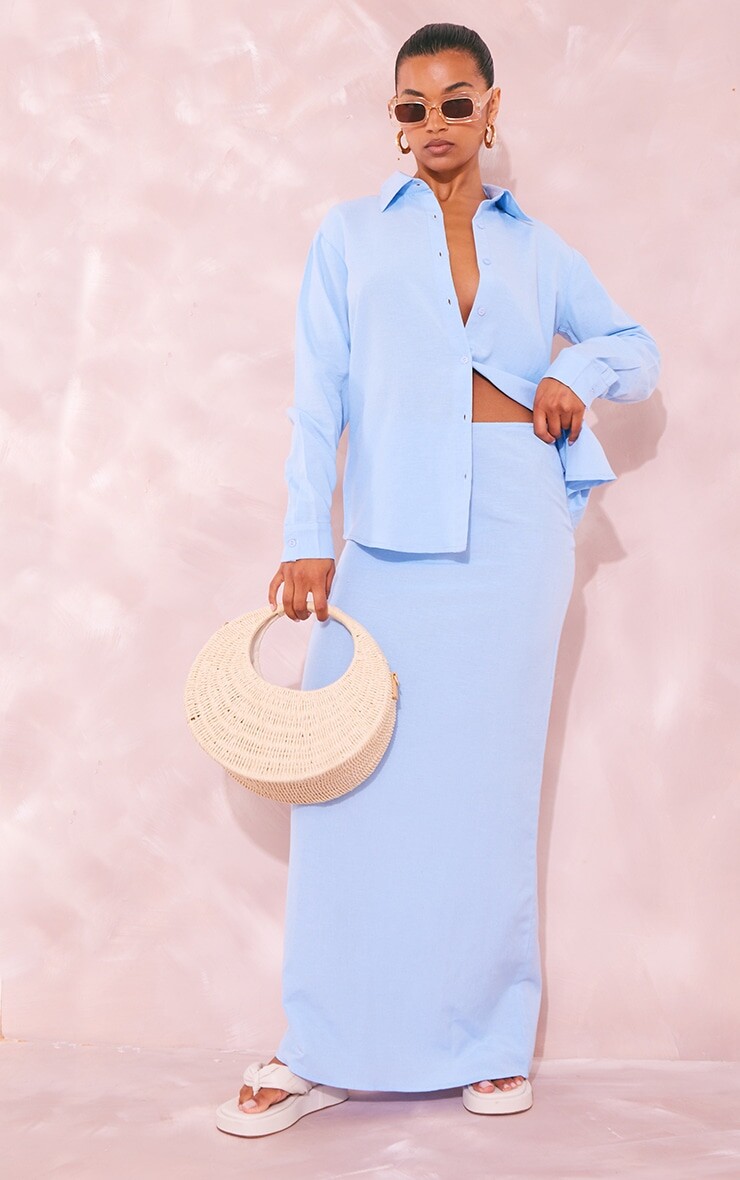 

PrettyLittleThing Синяя льняная длинная юбка
