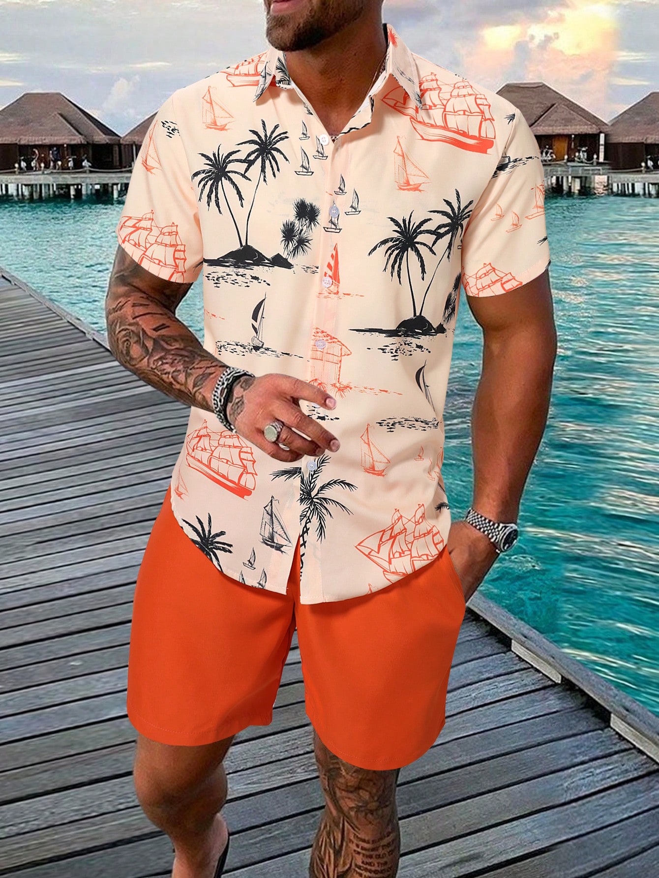 Мужская рубашка с короткими рукавами и принтом кокосовой пальмы Manfinity RSRT, жженый апельсин