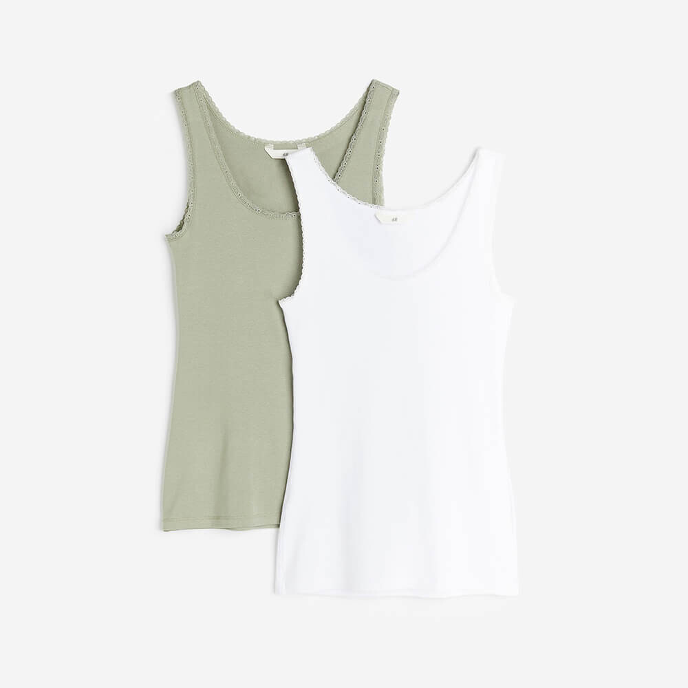 

Комплект топов H&M Lace-trimmed Tank, 2 предмета, хаки/белый