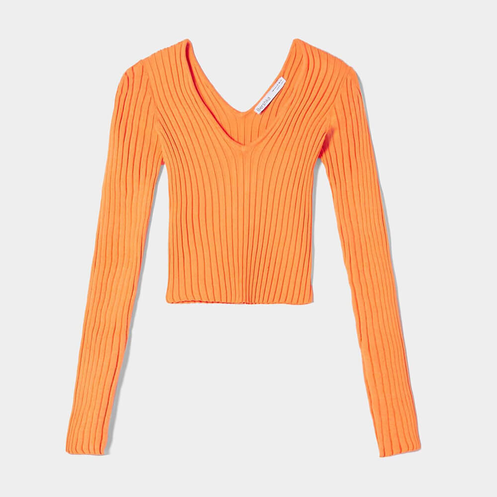 

Свитер Bershka V-neck Ribbed, оранжевый