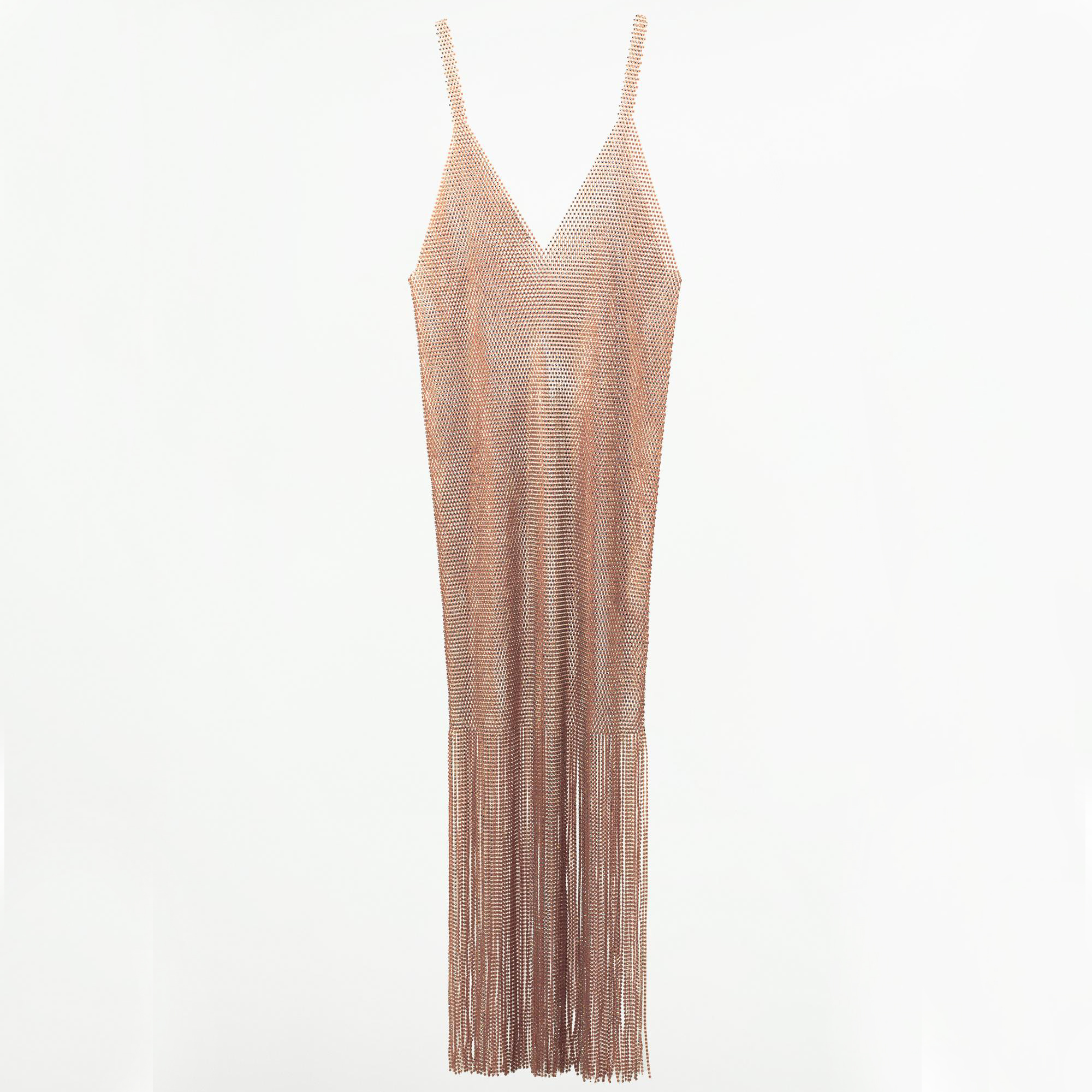 Платье Zara Rhinestone Mesh, золотисто-розовый женское винтажное платье без рукавов с v образным вырезом и бахромой