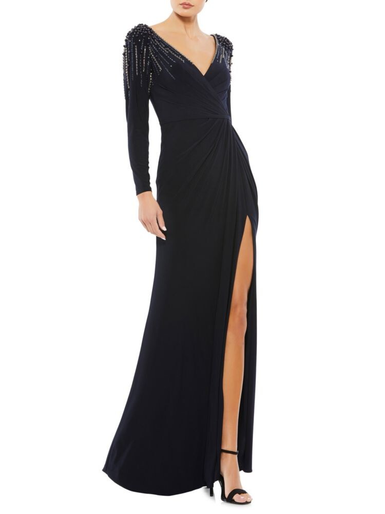 

Платье с искусственным запахом и расшитыми бисером плечами Mac Duggal, цвет Midnight