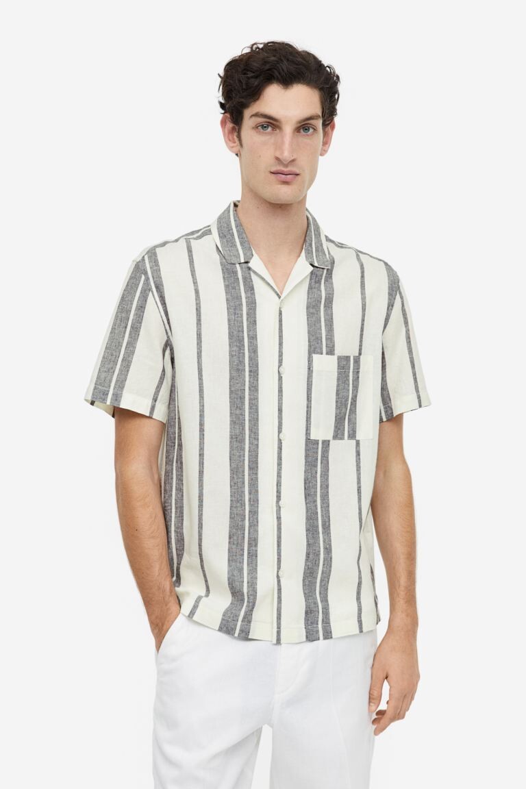 

Рубашка классического кроя из смесовой льняной ткани H&M, белый/черный в полоску