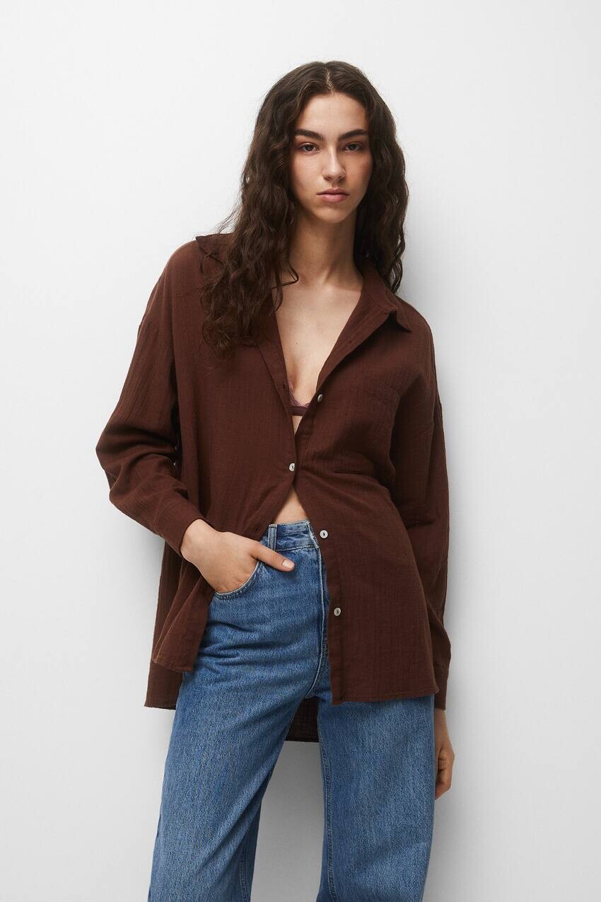 

Рубашка оверсайз в деревенском стиле Pull&Bear, коричневый