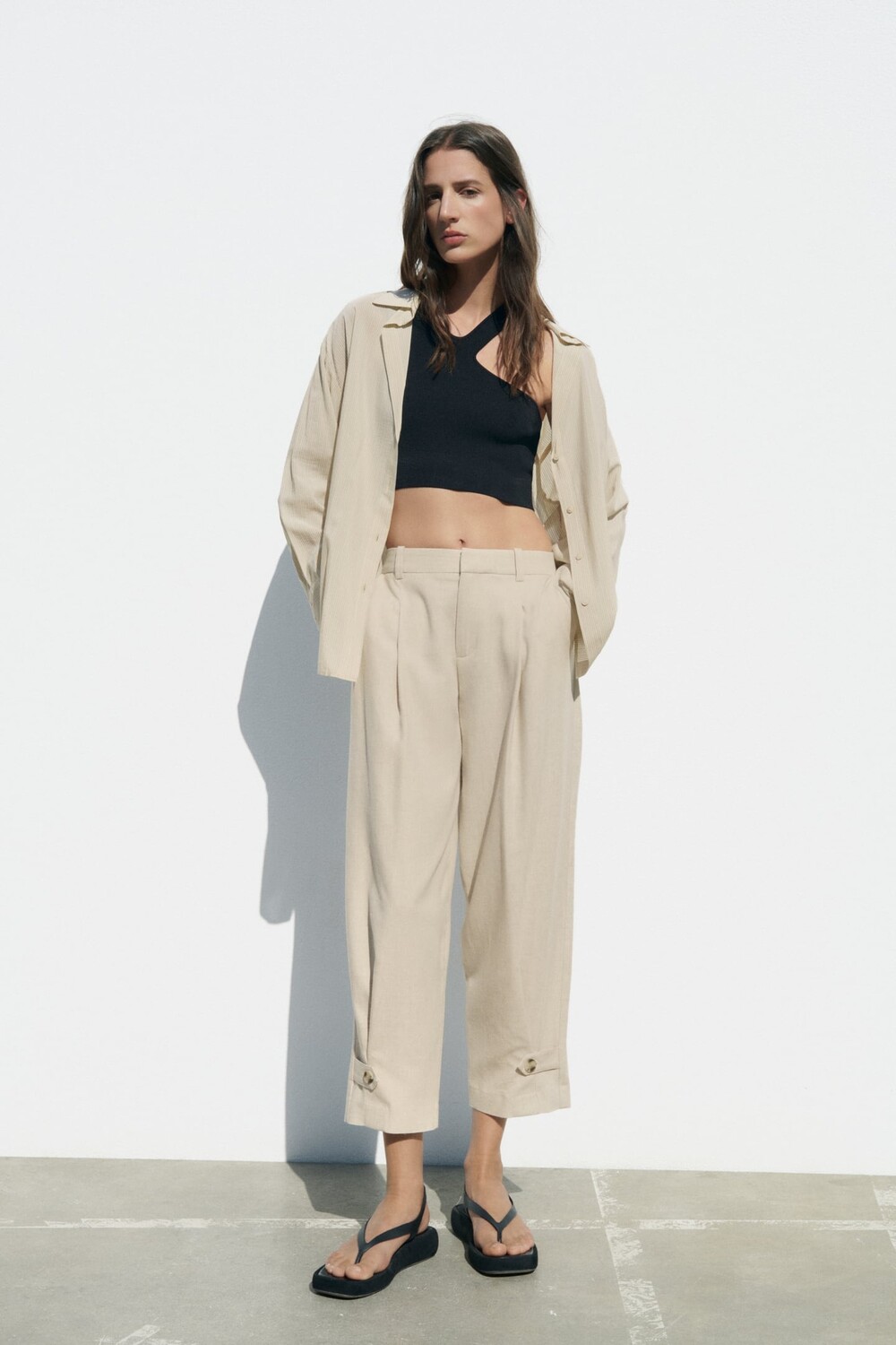 

Рубашка из тканя рустик ZARA, песочный/черный