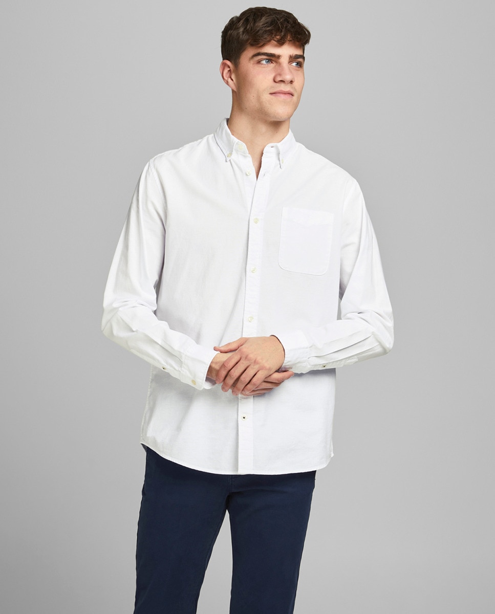 Мужская однотонная белая рубашка узкого хлопкового оксфорда BCI Jack & Jones, белый цена и фото