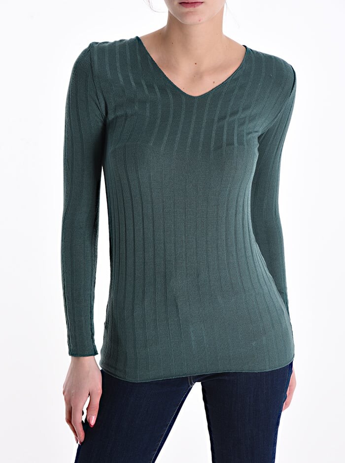 

Wool Mix Топ с длинными рукавами и V-образным вырезом, зеленый