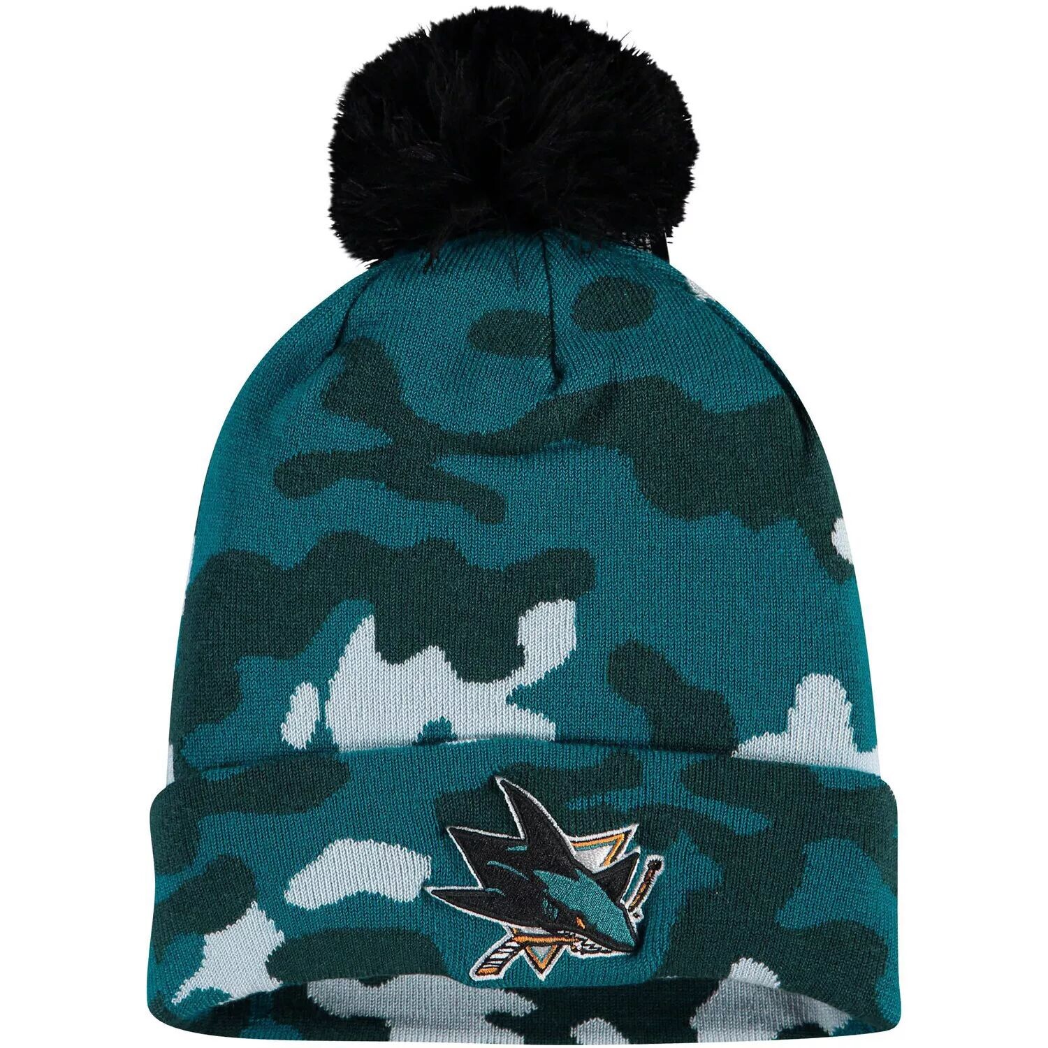 

Мужская темно-бирюзовая вязаная шапка с камуфляжным принтом Fanatics San Jose Sharks с манжетами и помпоном