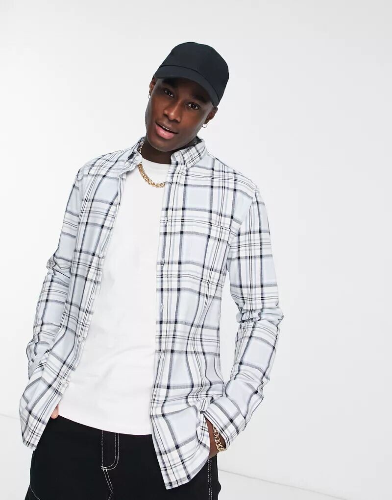 

Синяя рубашка узкого кроя в клетку стрейч ASOS