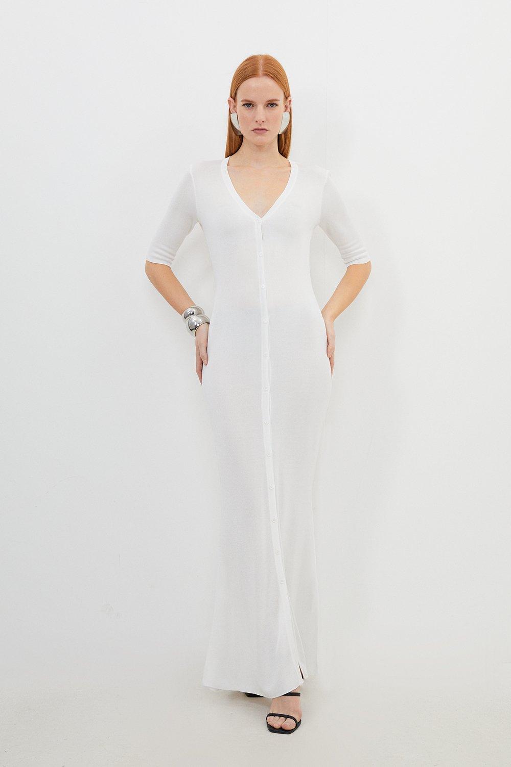 Облегающее прозрачное вязаное платье мидакси на пуговицах спереди из вискозы Karen Millen, белый цена и фото