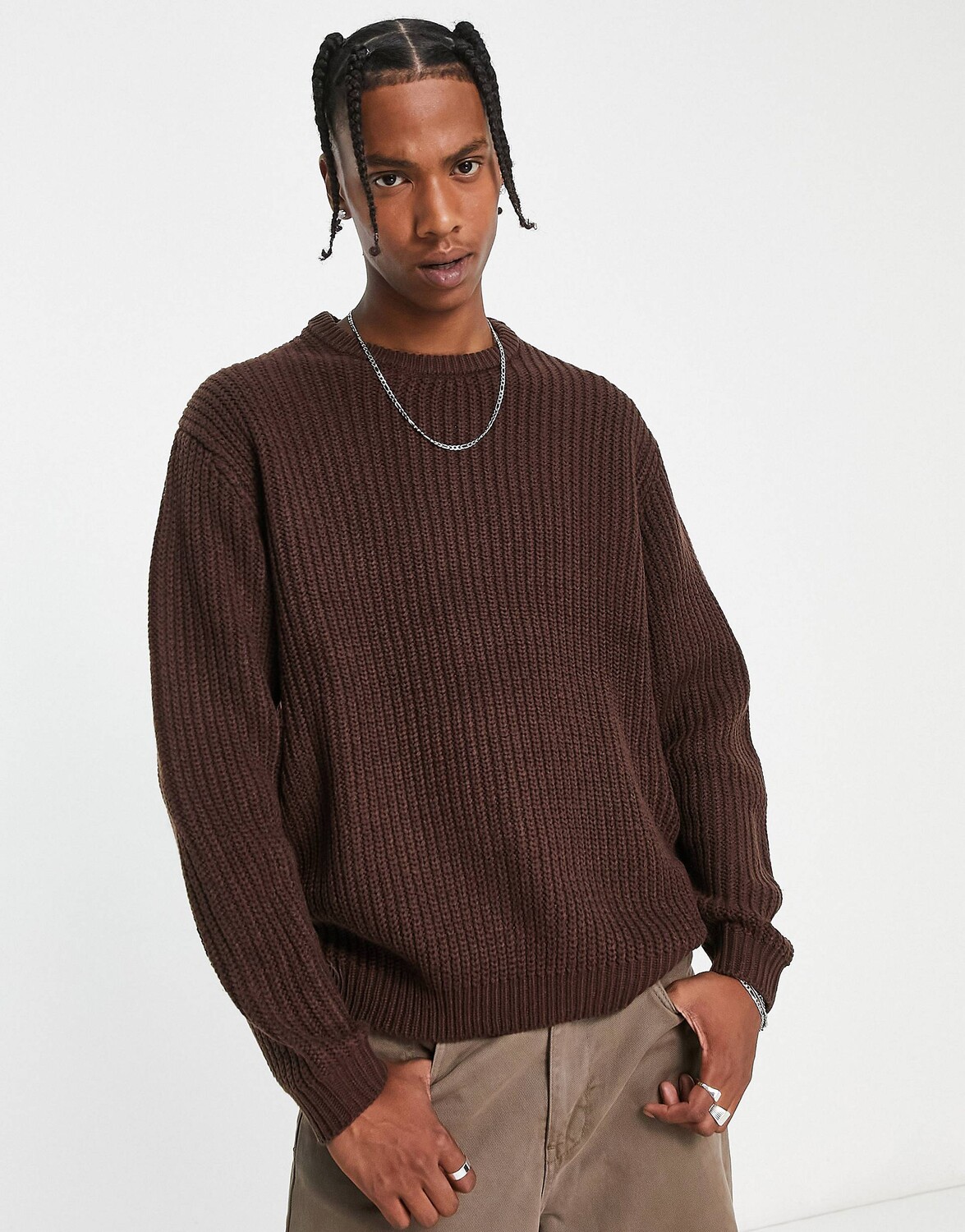 

Коричневый вязаный свитер оверсайз в рубчик ASOS DESIGN