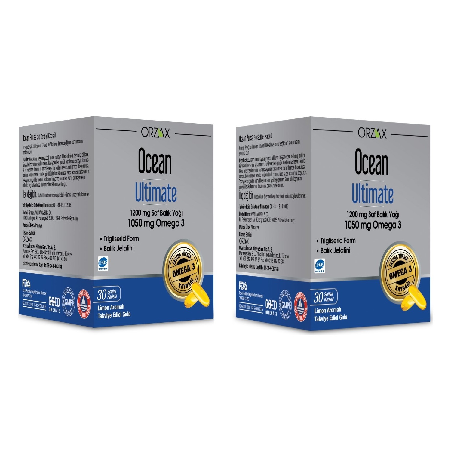 Омега-3 Ocean Ultimate 1050 мг, 2 упаковки по 30 капсул омега 3 solgar omega 3 fish oil concentrate 1000 mg 120 шт