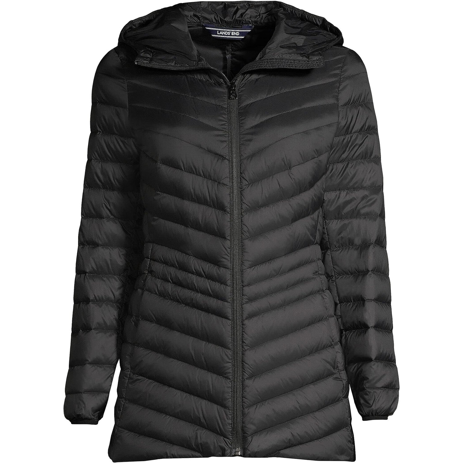 

Пуховик Lands' End Tall Wanderweight Ultralight Packable Hooded Long Down, черный