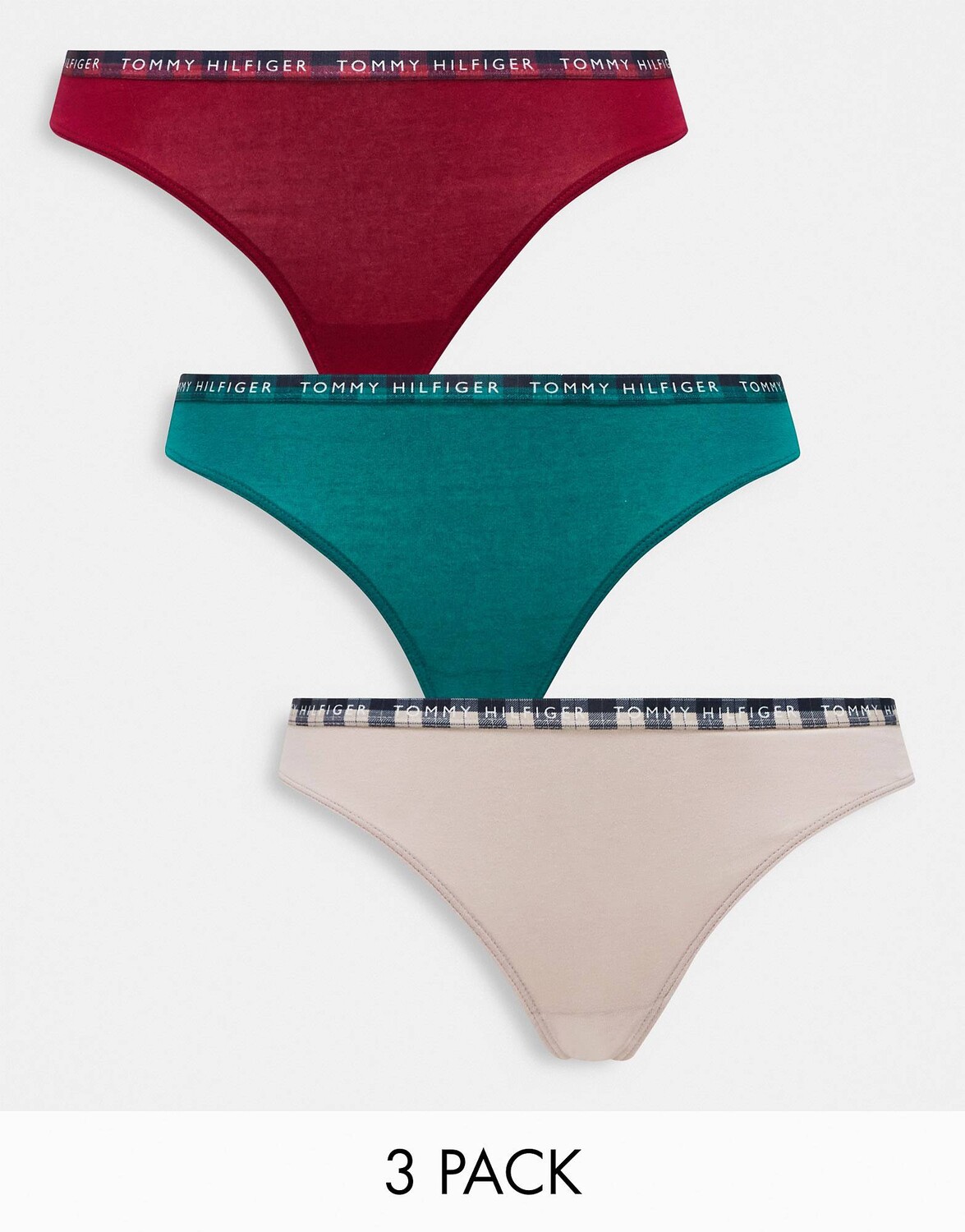

Комплект из 3 пар стрингов красного, розового и зеленого цветов Tommy Hilfiger из смеси хлопка с поясом и поясом в клетку