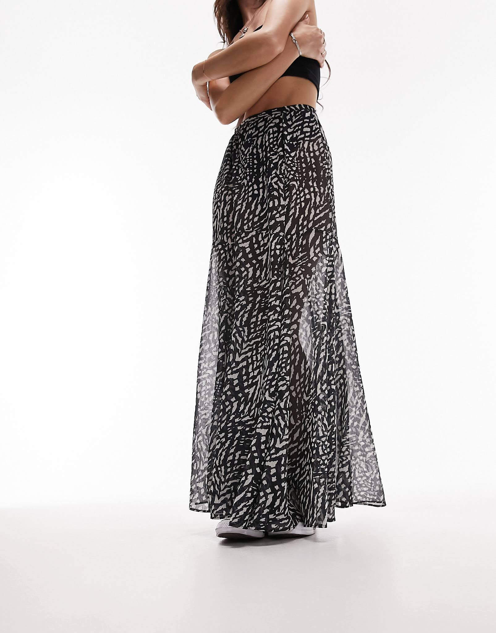 Юбка Topshop Printed Sheer Maxi, черный/белый женская длинная юбка celmia осенняя богемная юбка макси с цветочным принтом и высокой талией винтажная повседневная свободная бандажная юбк