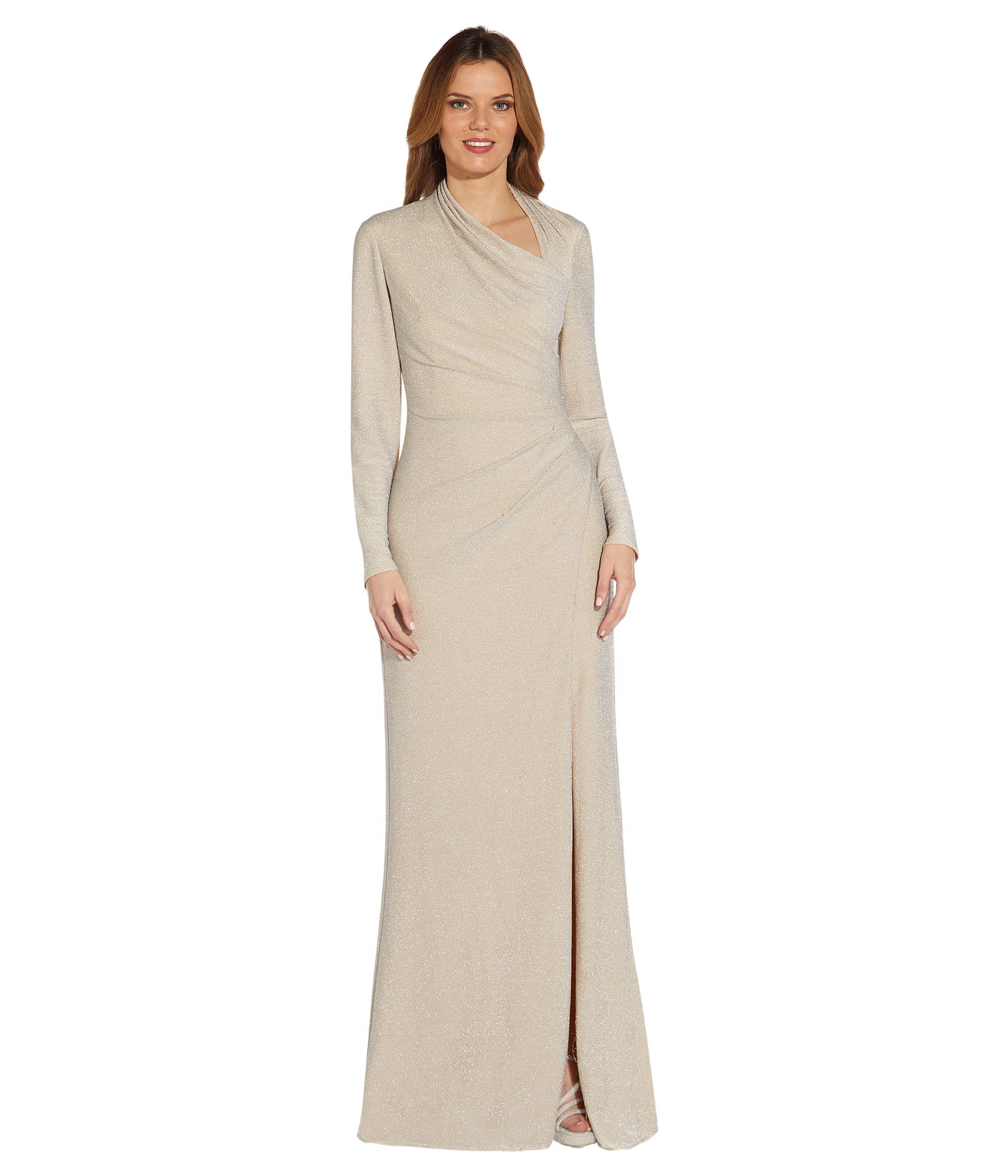 

Платье Adrianna Papell, Metallic Knit Long Sleeve Side Draped Gown