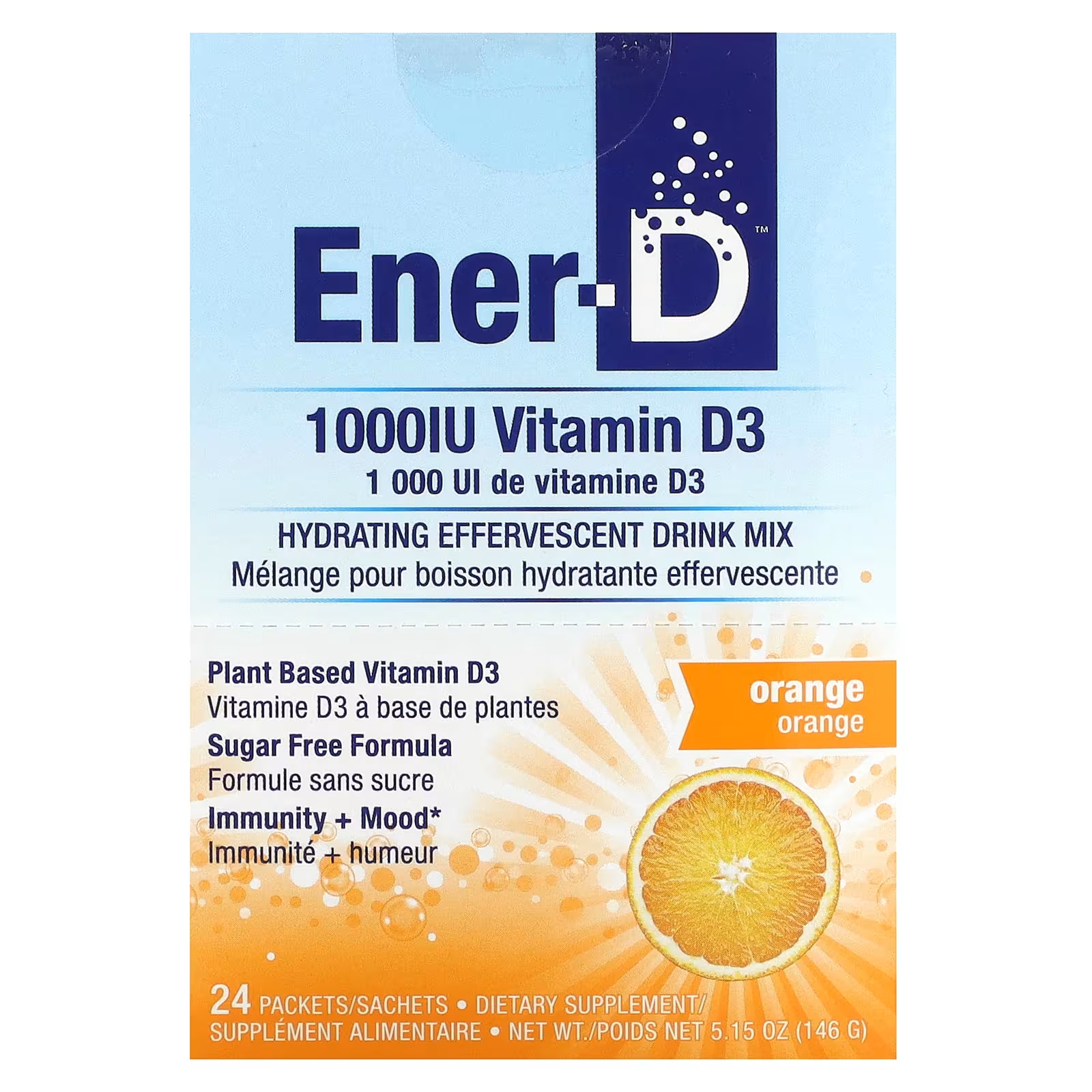 Шипучий напиток Витамин D3 Ener-C Ener-D 1000 мг апельсин, 24 пакета пищевая добавка питьевая с витамином d3 sesderma defense 500 мл