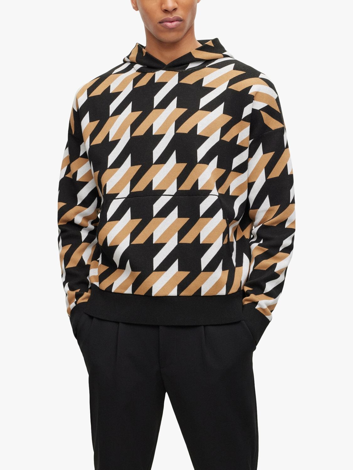 

BOSS Ofondo Вязаный худи свободного кроя с узором гусиные лапки HUGO BOSS, черный/мульти