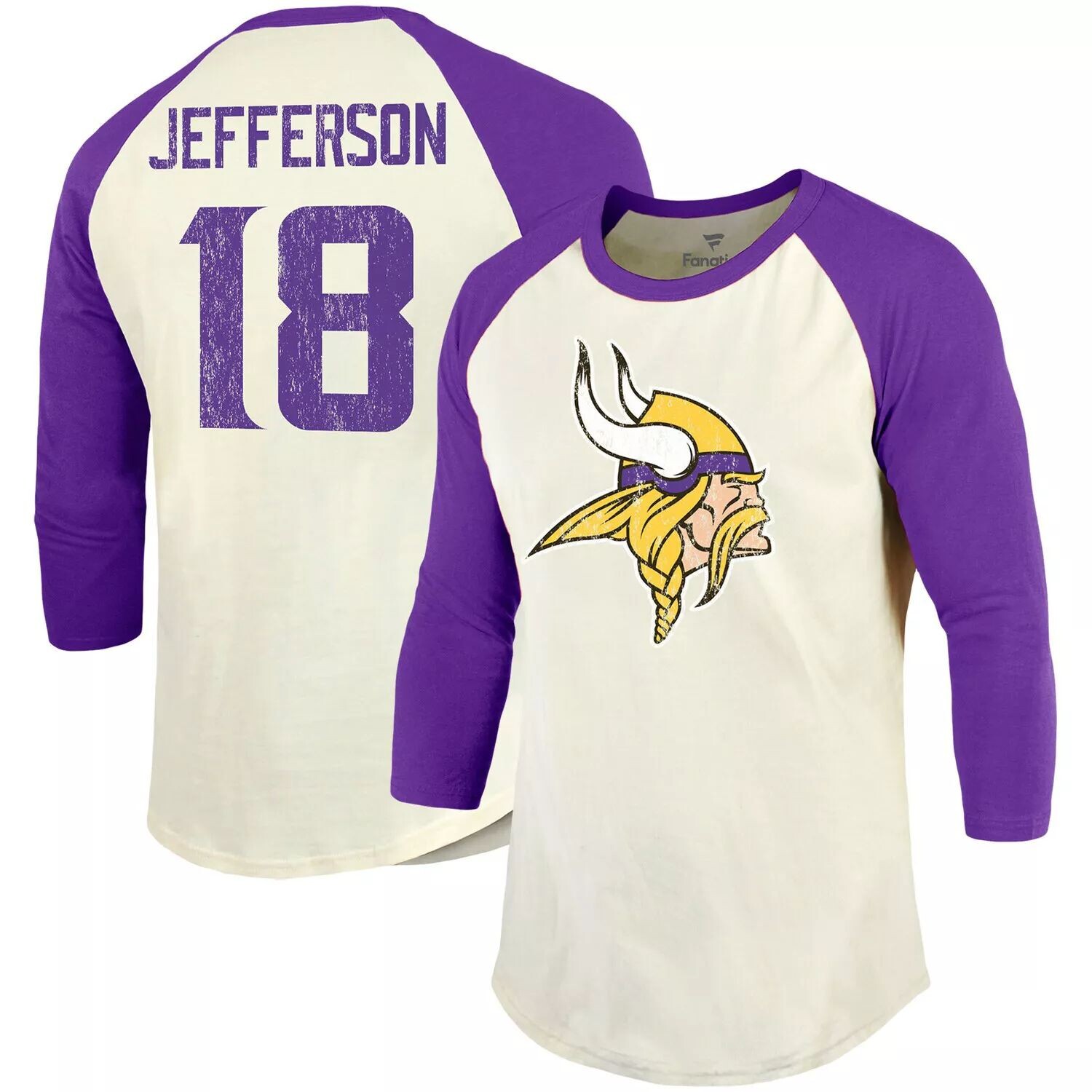 

Мужская футболка Fanatics с брендом Justin Jefferson кремового/фиолетового цвета Minnesota Vikings Player реглан с именем и номером, рукав 3/4, Фиолетовый