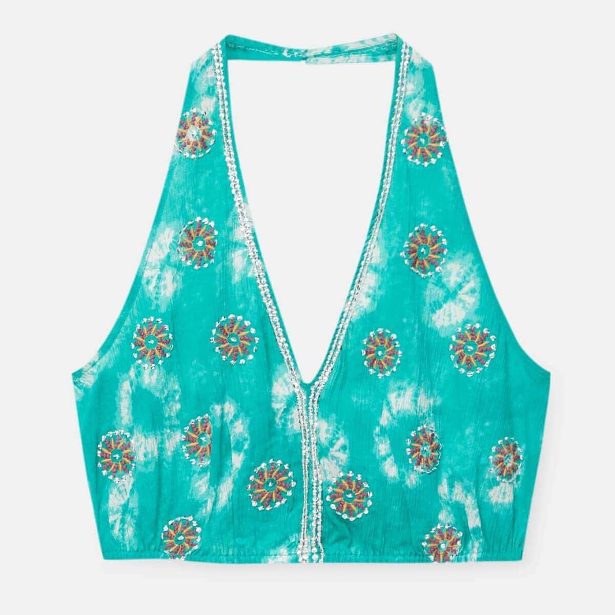 

Топ Pull&Bear Embroidered Halter, зеленый