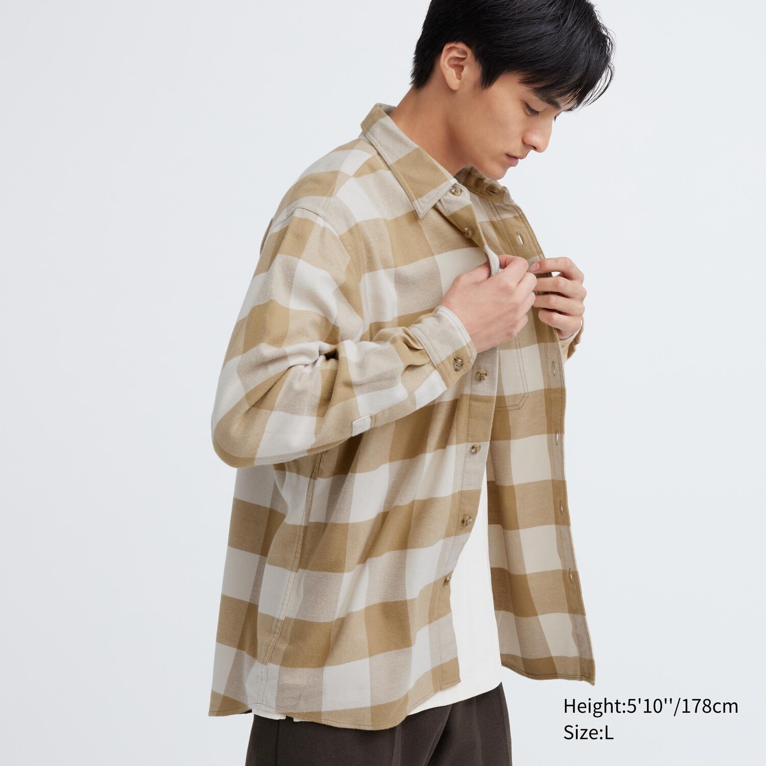 

Фланелевая рубашка с длинным рукавом (в клетку – обычный воротник) UNIQLO, бежевый