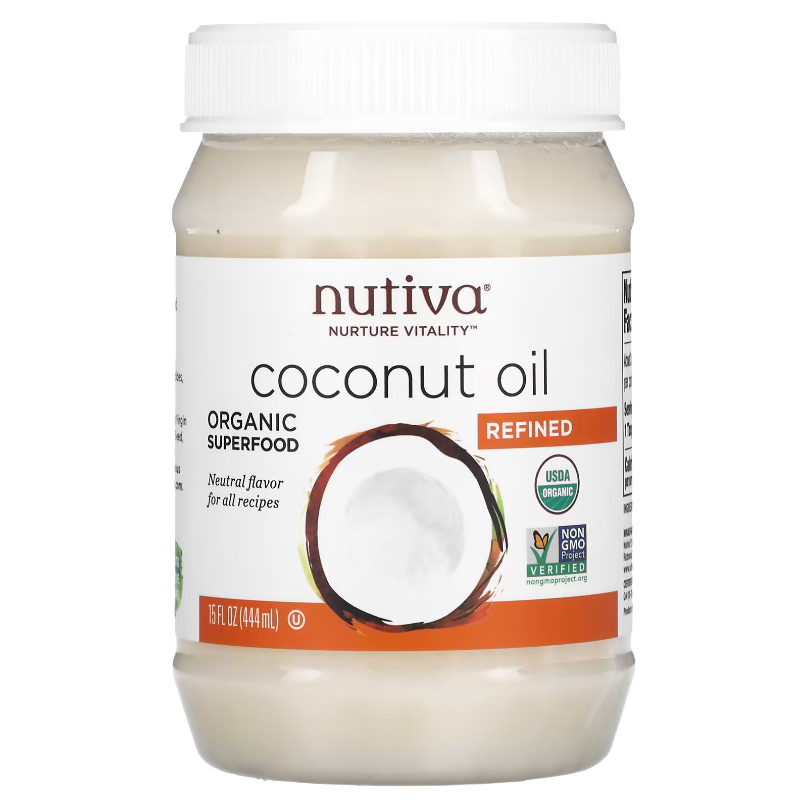 Nutiva, органическое кокосовое масло, рафинированное, 444 мл (15 жидких унций) spectrum essentials органическое нерафинированное кокосовое масло 443 мл 15 жидких унций