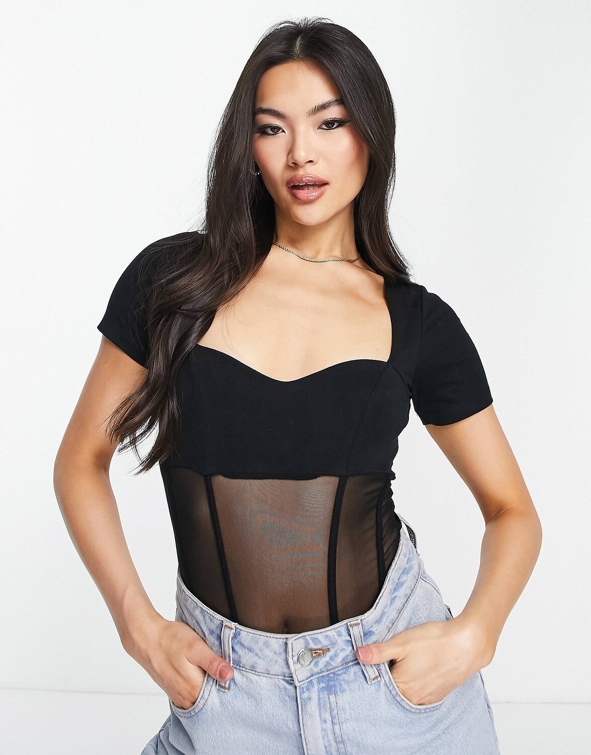 

Черное боди с корсетом и короткими рукавами ASOS DESIGN