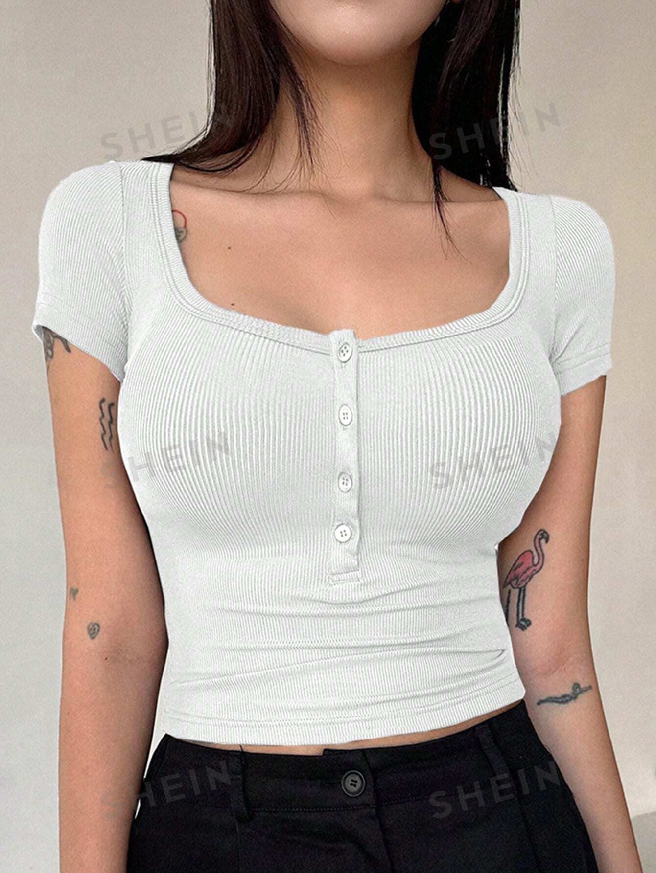 DAZY Женская однотонная футболка узкого кроя с полупланкой, белый