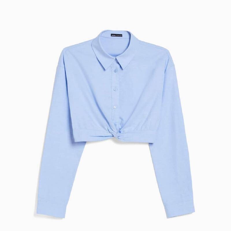 

Рубашка короткая Bershka Shirt With Crossover Detail, голубой