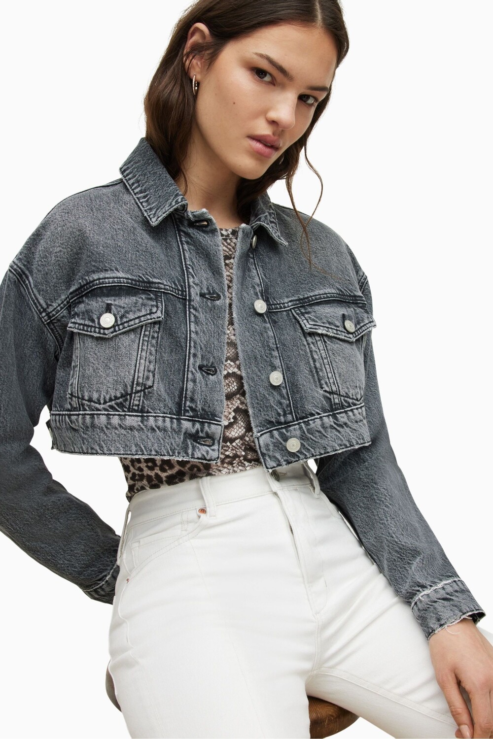 

Черная укороченная джинсовая куртка AllSaints All Saints, черный