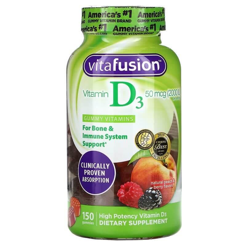 Витамин D3 VitaFusion натуральный персик и ягоды, 25 мкг (1000 МЕ), 150 жевательных конфет l il critters витамин d3 для поддержки костей со вкусом натуральных фруктов 190 жевательных мармеладок