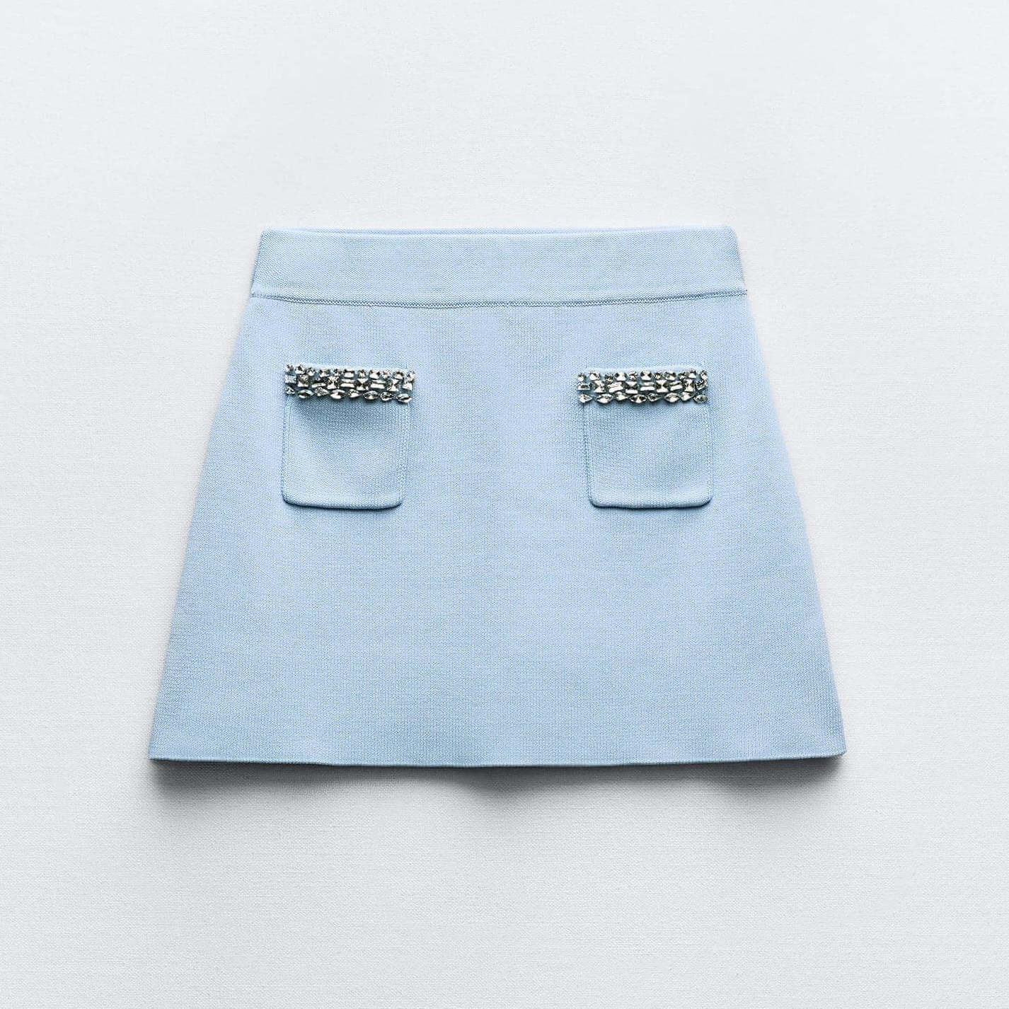 Юбка-мини Zara Plain Knit With Rhinestone Appliques, голубой юбка мини zara knit белый