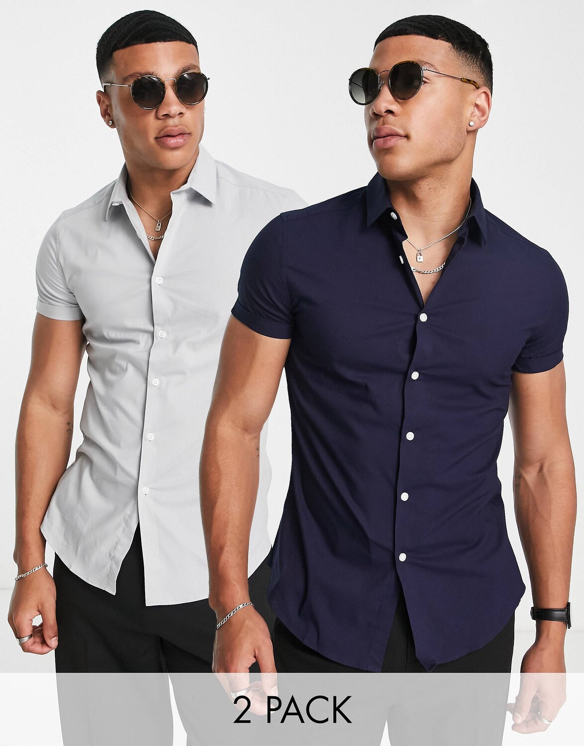 

Темно-синяя/серая рубашка с коротким рукавом стрейч ASOS DESIGN