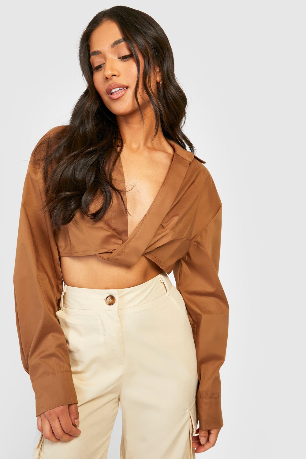 

Укороченная рубашка из хлопкового поплина Boohoo, шоколадный