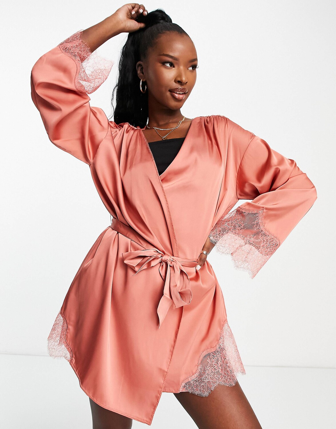 

Мини-халат из атласа с кружевом цвета ржавчины ASOS DESIGN mix & match