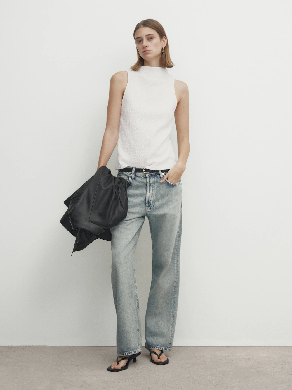 

Топ водолазка из текстурированного мока Massimo Dutti, кремовый